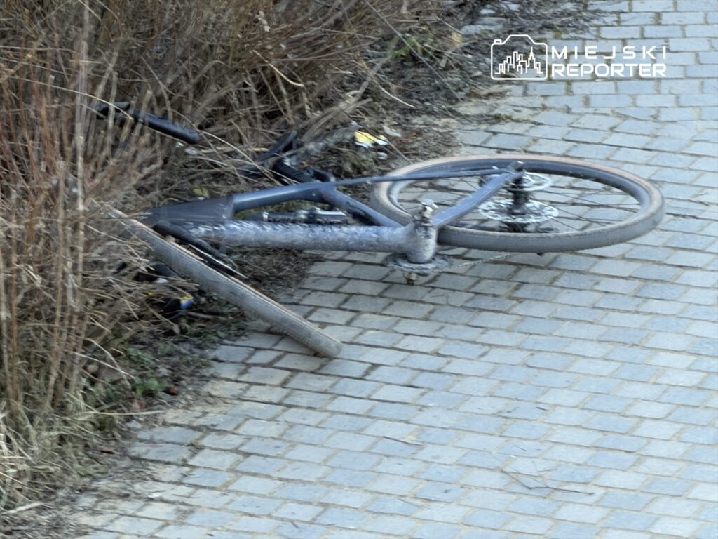 Zniszczony rower leży na wybrukowanej ścieżce, otoczony chwastami i suchą roślinnością.