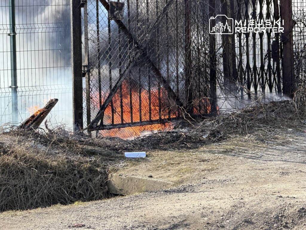 Płonące gałęzie obok metalowej bramy, w tle widoczny dym i zniszczona roślinność.