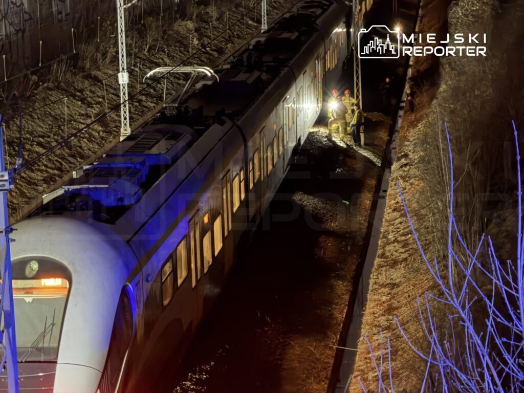 Grupa ratowników w żółtych strojach pracuje przy pociągu na torach w nocy, oświetlonym niebieskimi światłami.