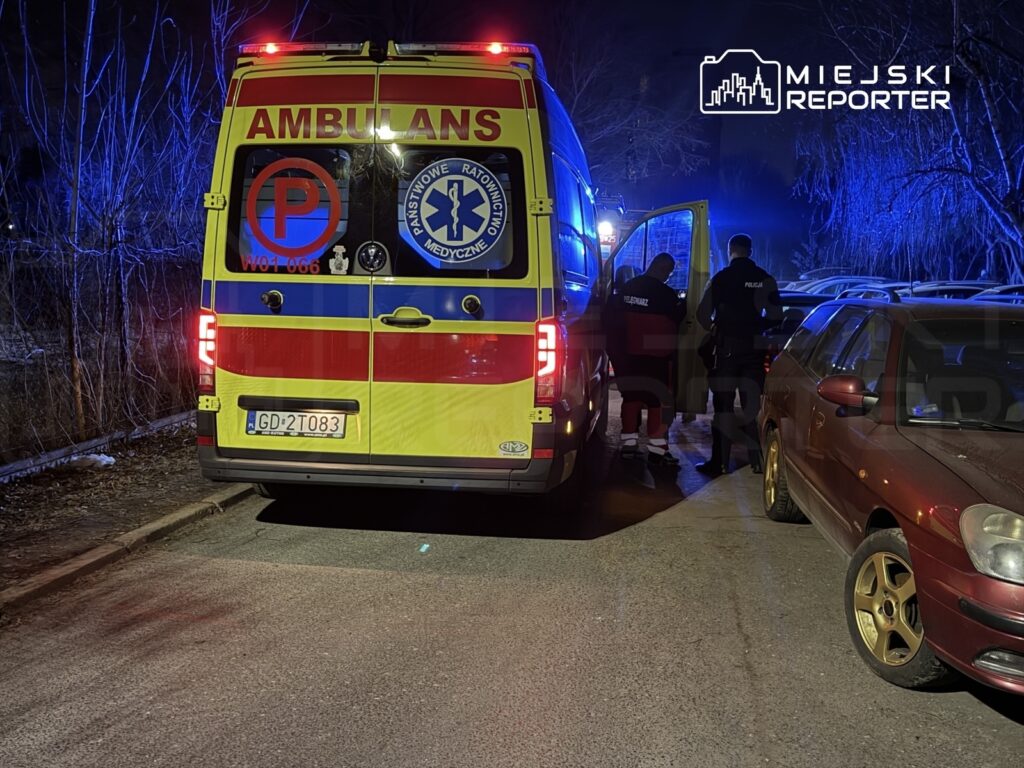 Ambulans z włączonymi sygnałami świetlnymi stoi na drodze, obok dwóch policjantów rozmawiających z osobą w samochodzie.