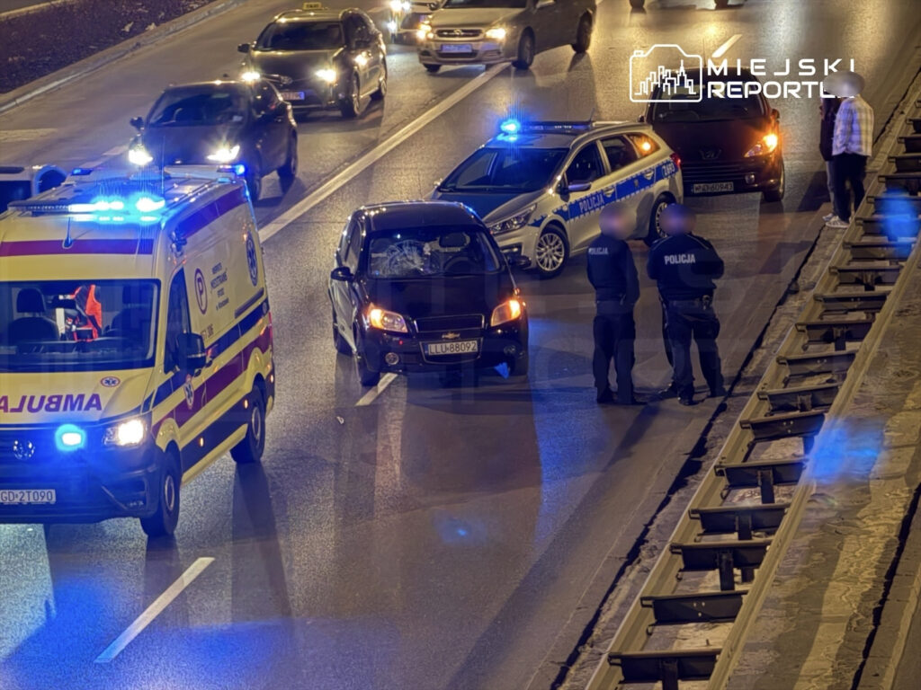 Ambulans z włączonymi światłami sygnalizacyjnymi oraz dwa radiowozy policji zatrzymane na drodze, obok stoi mężczyzna.