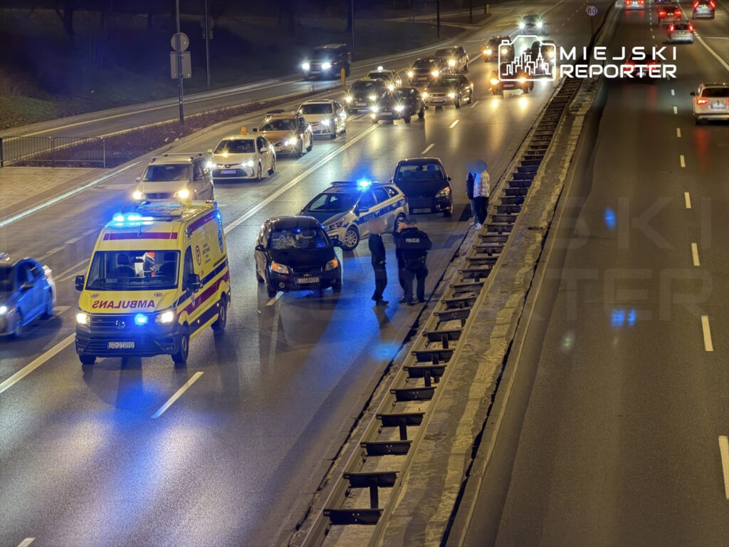 Na jezdni zatrzymane pojazdy, w tym karetka pogotowia z włączonymi sygnałami, oraz policjanci rozmawiający z kierowcą.