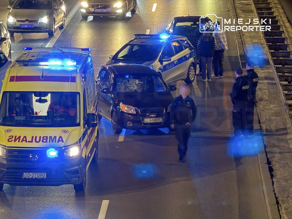 Karetka pogotowia i radiowóz policyjny zatrzymane na drodze, obok nich grupa osób rozmawiających z policjantami.