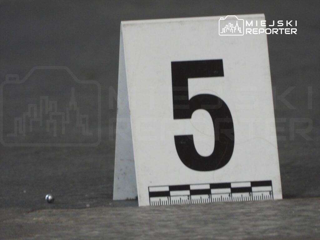 Na podłożu leży metalowa kulka obok oznaczenia z numerem 5 i miarką.