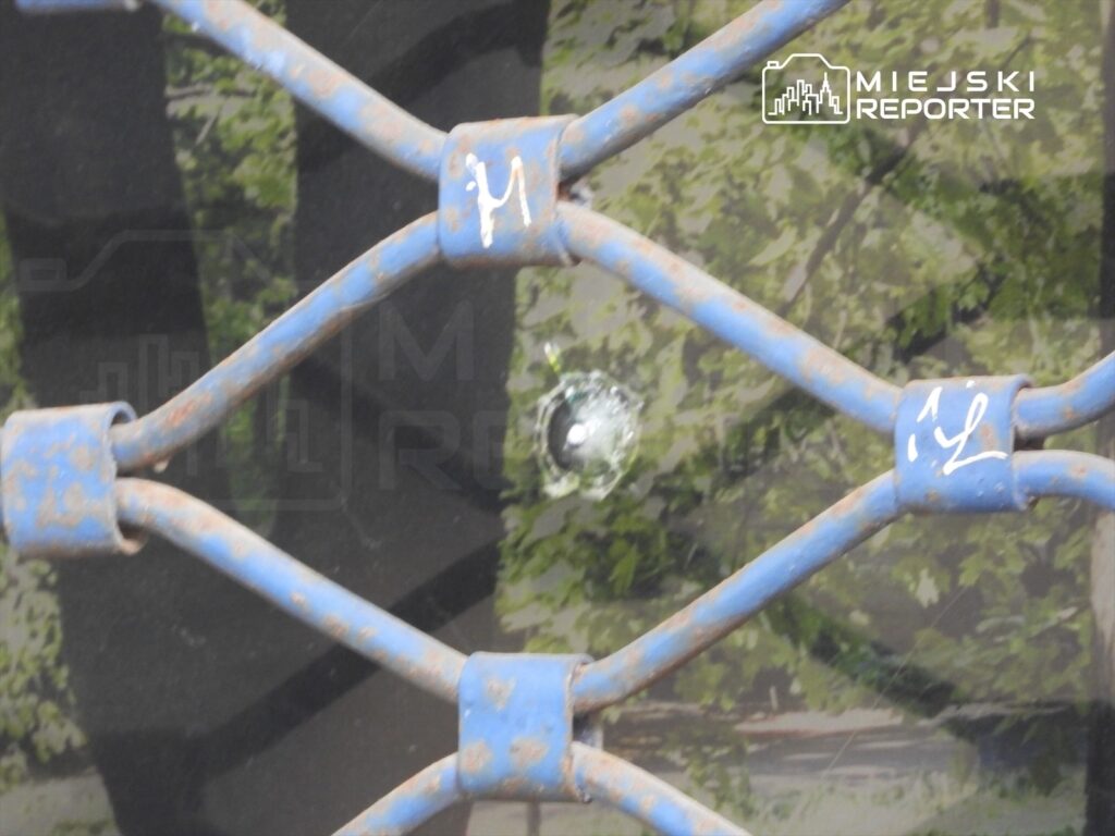 Zardzewiała siatka z niebieskimi prętami z widocznym uszkodzeniem w postaci wybitej szyby. W tle zieleń drzew.