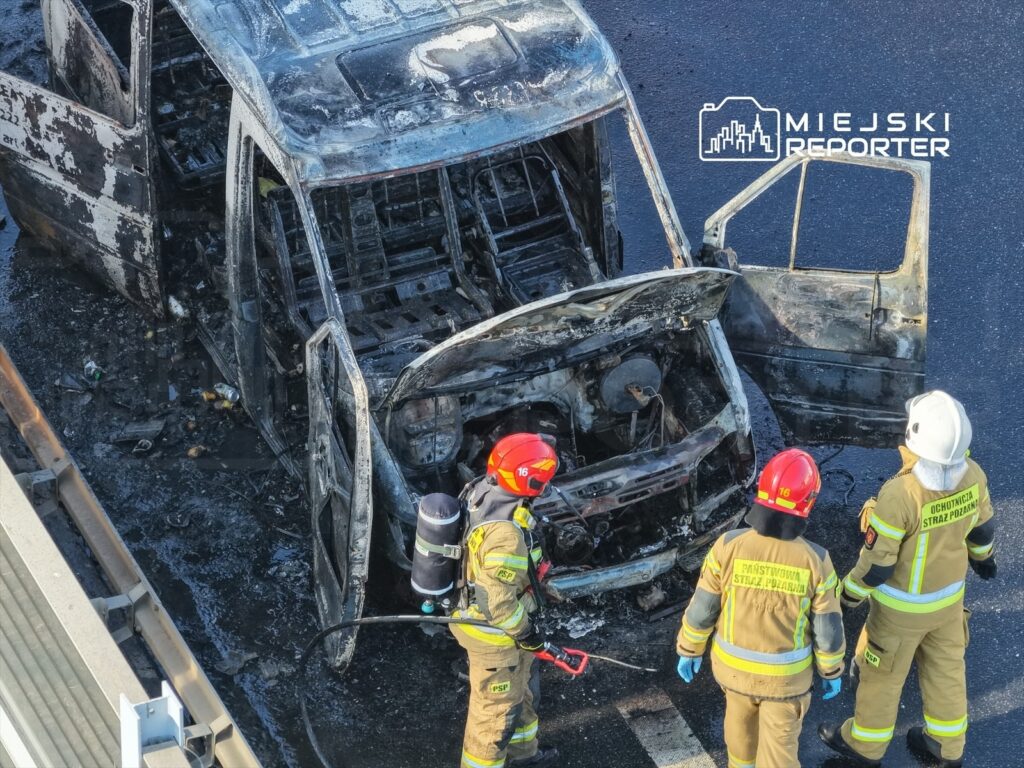 Strażacy w kaskach i mundurach oceniają skutki pożaru spalonego pojazdu na drodze.