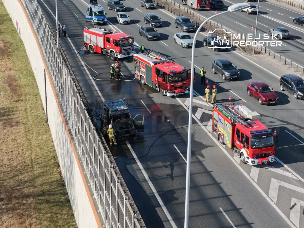 Na jezdni stoi spalone auto, obok którego pracują strażacy w mundurach. W tle poruszające się samochody.