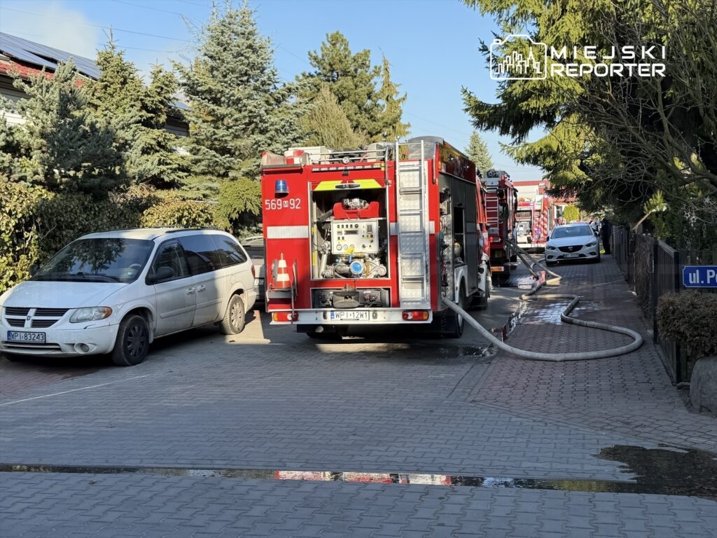 W tle drzewa iglaste, wzdłuż ulicy parkują samochody, a obok stoi wóz strażacki z rozwiniętym wężem.