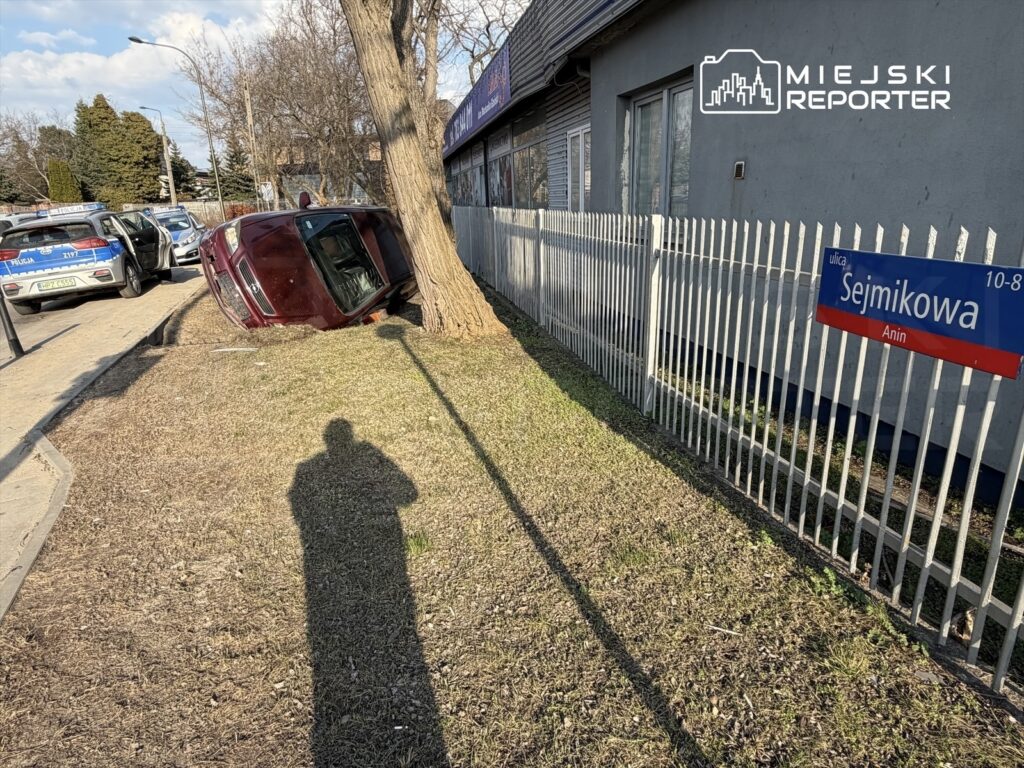Czerwony samochód osobowy przewrócony na bok przy ogrodzeniu, obok stojące radiowozy policyjne.