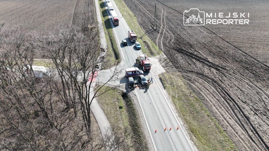 Na drodze stoi rozbite auto, a obok pracują strażacy i policja, w tle widoczne pola.