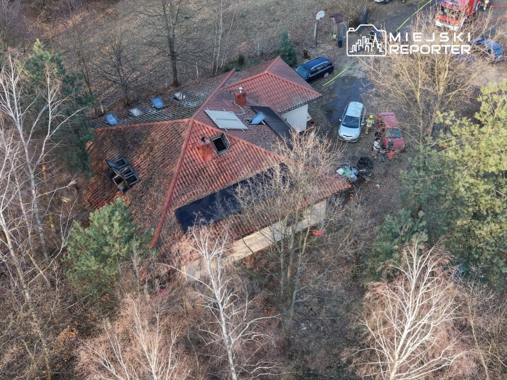 Widok na dom z czerwoną dachówką otoczony drzewami, z leżakami na dachu i samochodami zaparkowanymi w pobliżu.