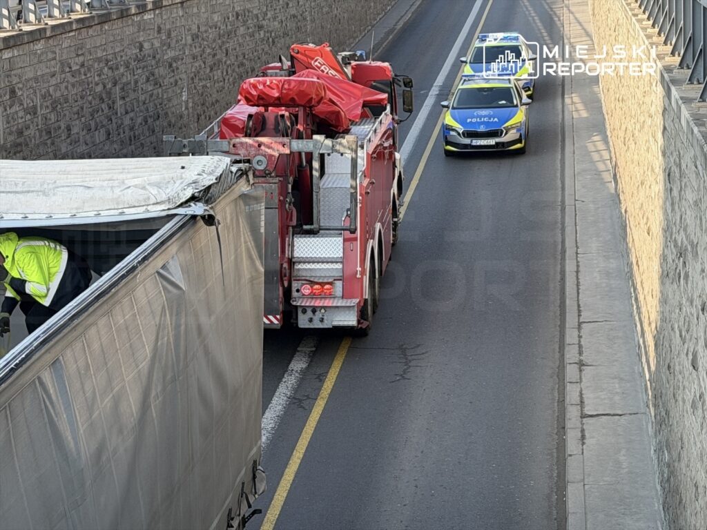 Strażak w żółtej kamizelce sprawdza ładunek w naczepie ciężarówki, obok stoi radiowóz policji na drodze.