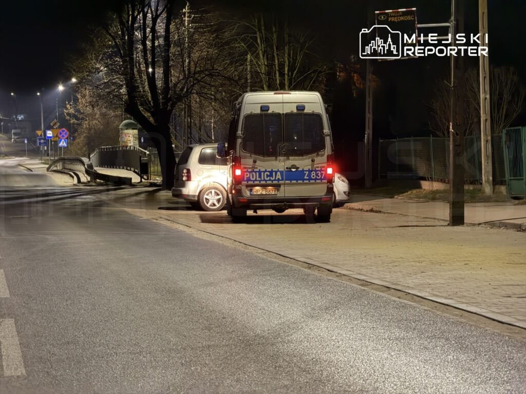 Policyjny samochód zaparkowany na poboczu drogi nocą, w tle widać most i znaki drogowe.