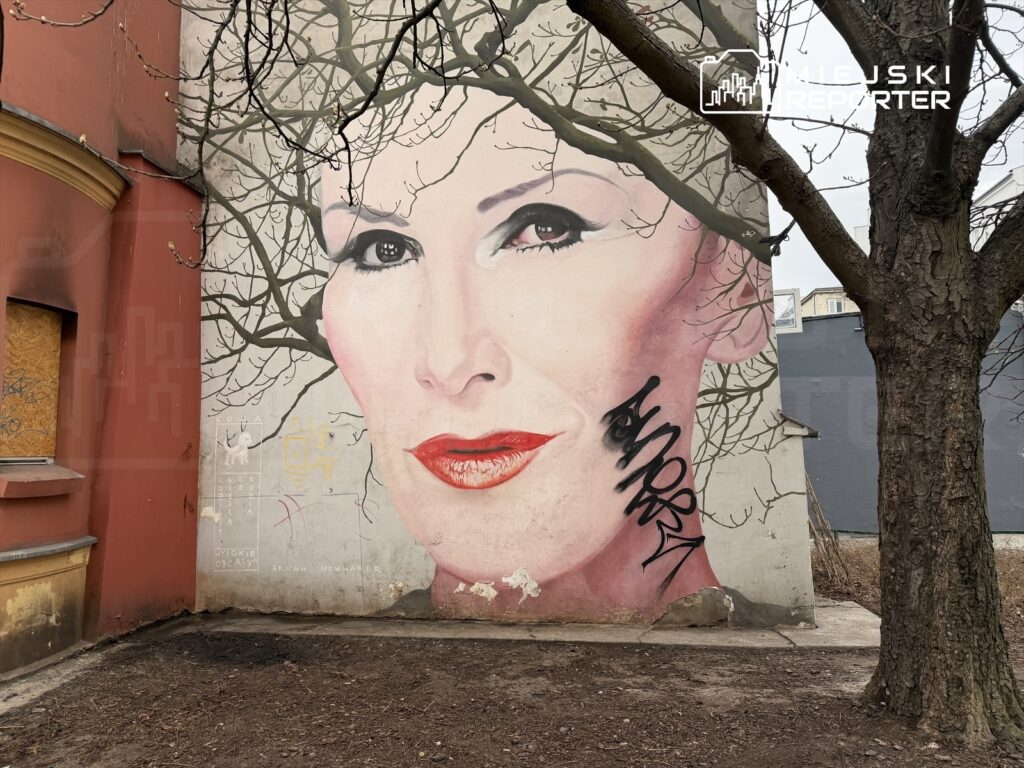 Mural przedstawiający twarz kobiety z czerwonymi ustami, otoczony gałęziami drzew, na tle szarej ściany budynku.