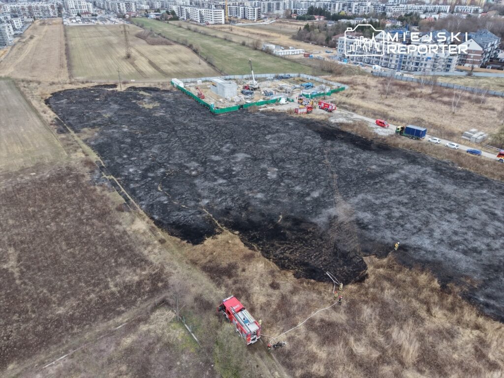 Wielka przestrzeń z popaloną trawą, w tle kilka pojazdów strażackich oraz budowa w nowoczesnym otoczeniu.