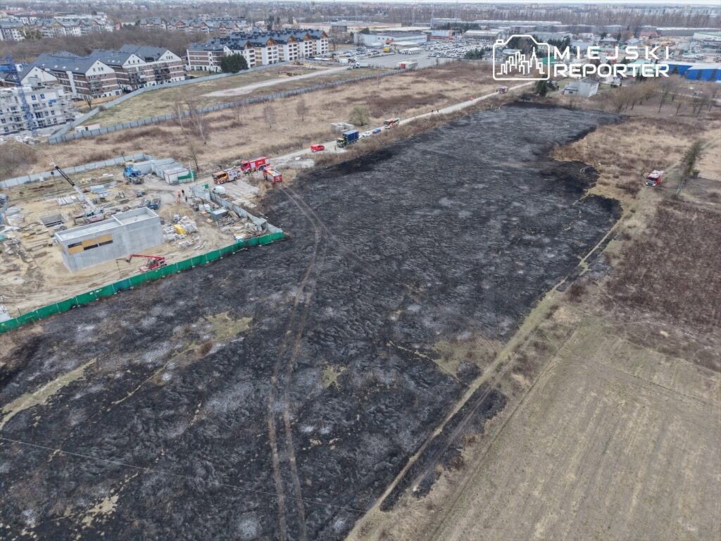 Wielka przestrzeń pokryta czarnym popiołem po pożarze, w tle widać budowy i pojazdy straży pożarnej.