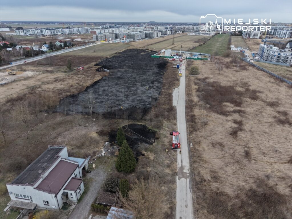 Na czarnej, wypalonej ziemi widać ekipę ratunkową pracującą przy gaszeniu pożaru w otoczeniu zabudowy mieszkalnej.