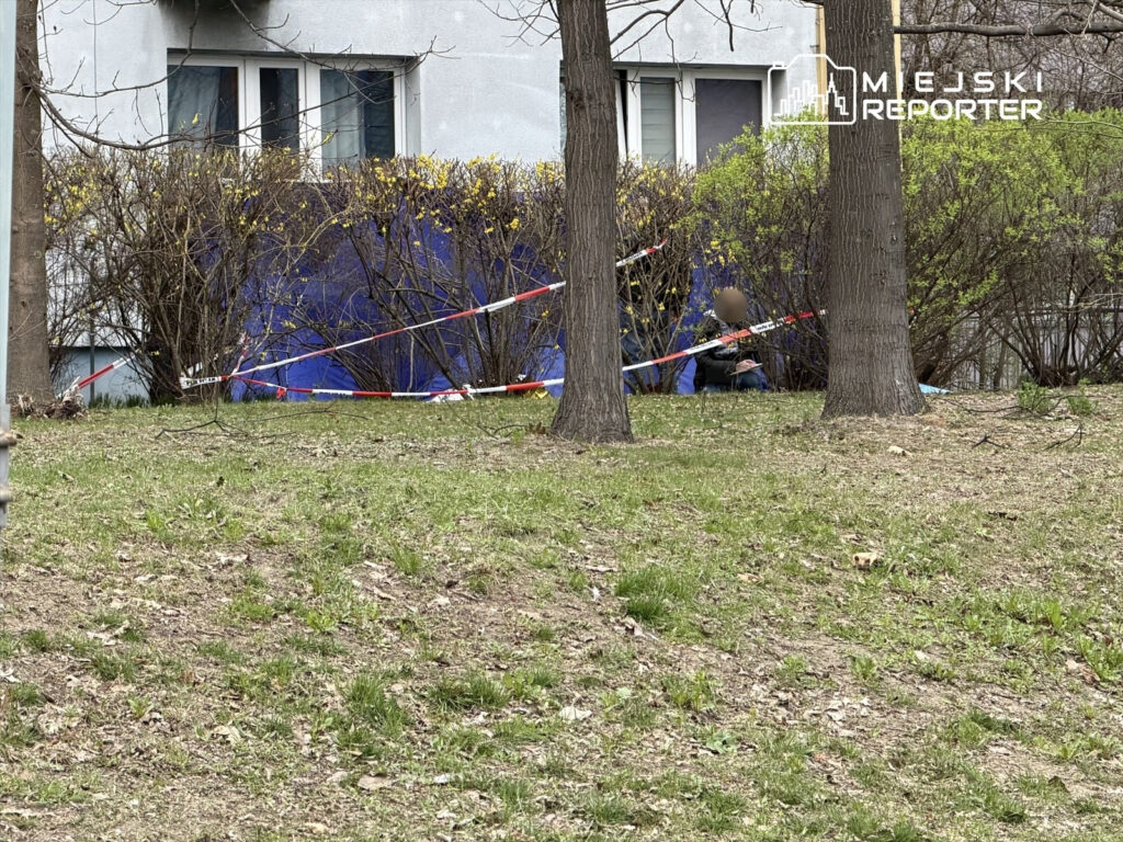 Mężczyzna siedzący na trawie w pobliżu budynku, otoczony taśmą zabezpieczającą, z krzewami w tle.