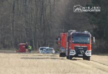 Grupa strażaków i policjantów prowadzi działania w terenie, obok wozu strażackiego i radiowozu.