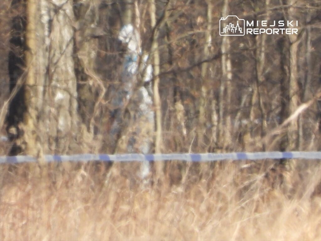 Postać w białym ubraniu przemieszcza się w lesie, w otoczeniu drzew i wysokiej trawy. W tle widoczna niebieska taśma.