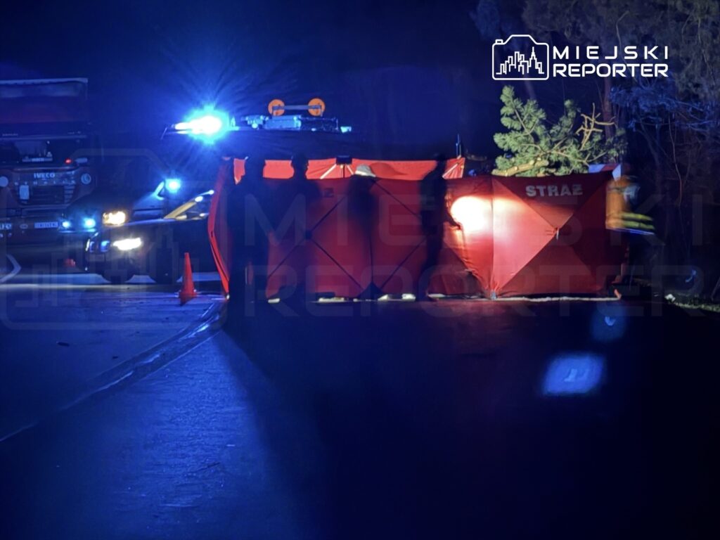 Strażacy przy wozie strażackim, z włączonymi sygnałami świetlnymi, zabezpieczają drogę w nocy.