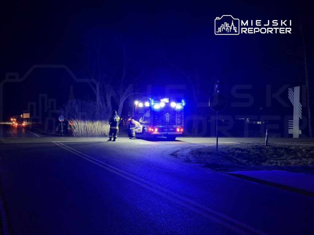 Strażacy przy wozie strażackim z niebieskimi światłami, zatrzymani na drodze w nocy, obok znaku drogowym.