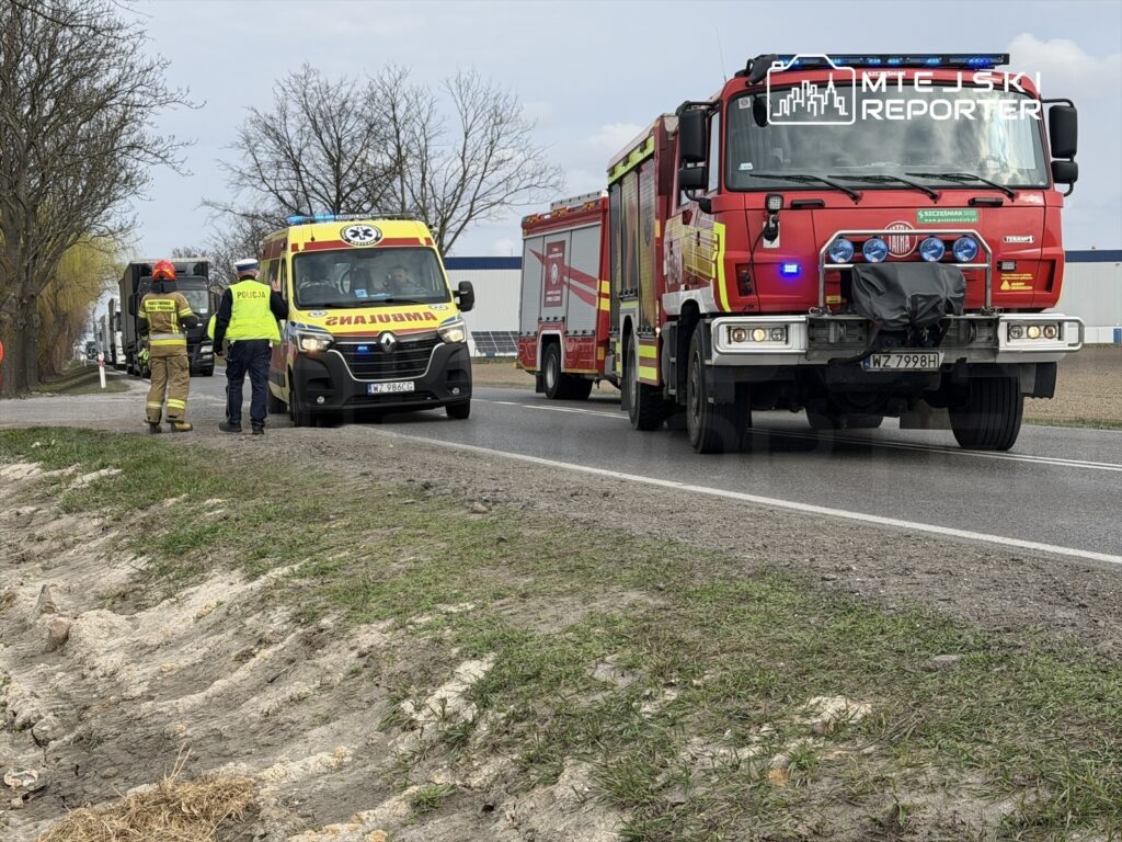 Ratownicy w uniformach rozmawiają obok karetki i wozu strażackiego na poboczu drogi.