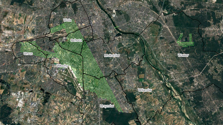 Mapa przedstawiająca obszary Warszawy z wyraźnie zaznaczonymi dzielnicami: Wola, Ochota, Mokotów, Ursus, Włochy, Ursynów, Wilanów i Wawer.