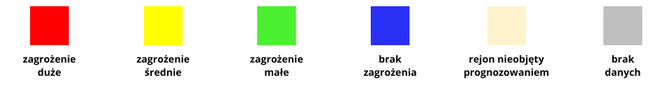 Kolorowe prostokąty przedstawiają różne poziomy zagrożenia: czerwony (duże), żółty (średnie), zielony (małe), niebieski (brak zagrożenia) oraz beżowy (rejon nieobjęty prognozowaniem).