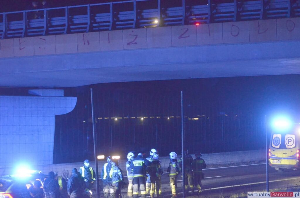 Grupa strażaków w uniformach rozmawia na poboczu drogi, obok wozu strażackiego i karetki, w nocy.