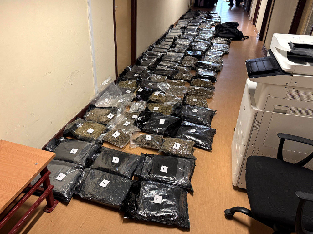 Na podłodze korytarza ułożone są liczne worki z zawartością roślinną, obok znajduje się drukarka i krzesło.