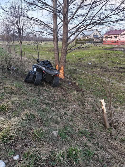 Quad wypadł z drogi i uderzył w drzewo na obrzeżach zielonego terenu, obok widocznych domów.