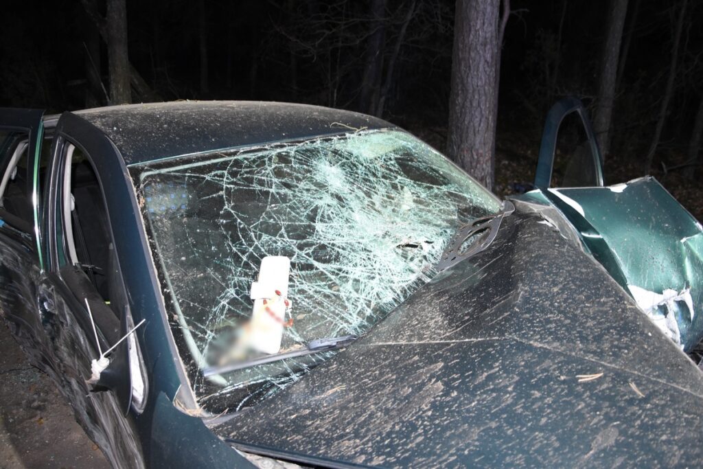 Uszkodzony samochód z rozbitą szybą czołową stoi na leśnej drodze w nocy, obok widoczne drzewa.