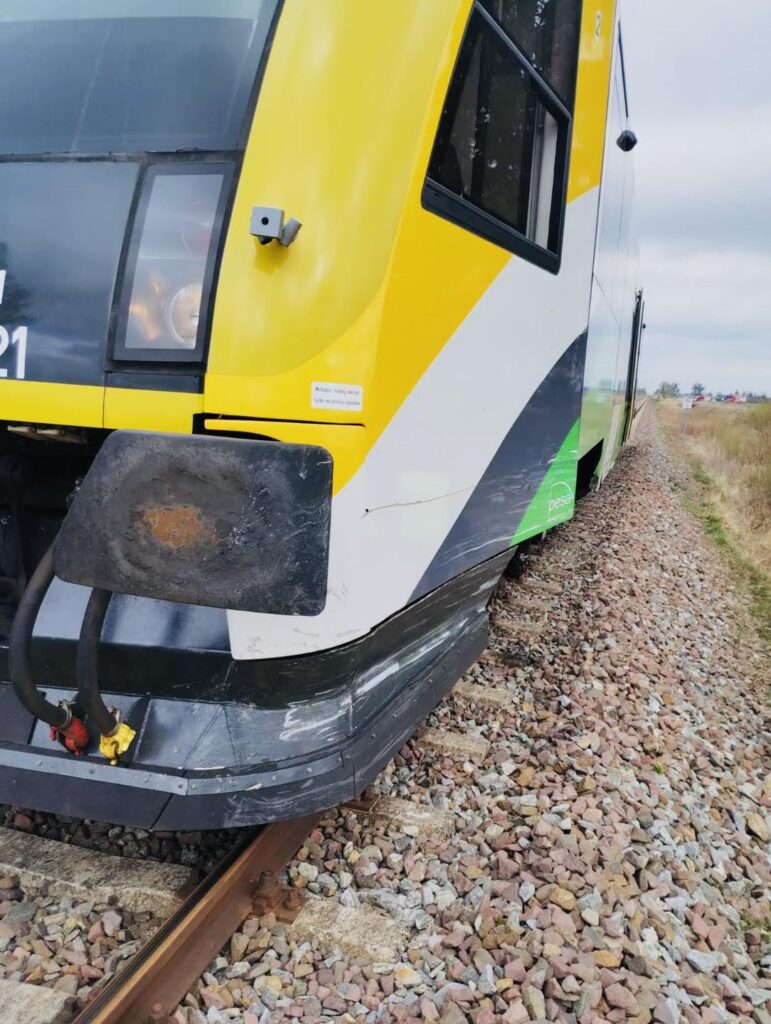 Pociąg szynowy z żółto-czarnym przodem stoi na torach, obok widoczna trawa i kamienie.