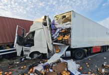 Uszkodzony ciężarowy pojazd z otwartą naczepą, z której wypadły skrzynki z pomarańczami, leżącymi na drodze.