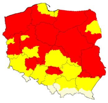 Mapa Polski z zaznaczonymi obszarami w kolorach czerwonym, żółtym i białym, wskazującymi różne strefy.