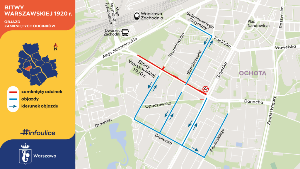 Mapa z zamkniętymi odcinkami i objazdami w okolicach Warszawy, dotycząca Bitwy Warszawskiej 1920 r.