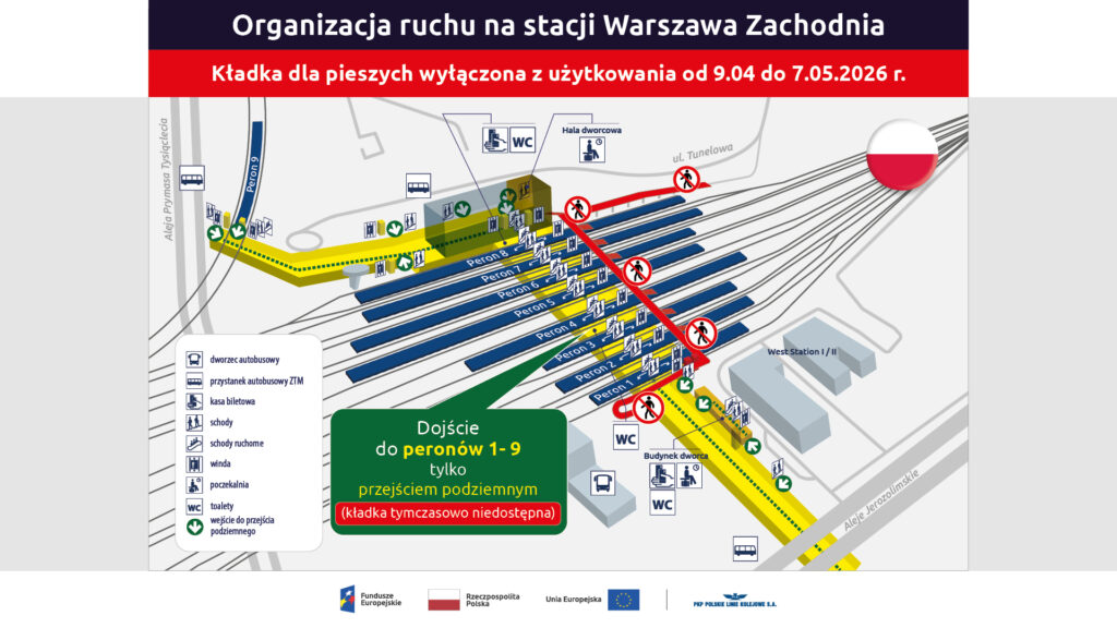 Plan stacji Warszawa Zachodnia z oznaczeniem tras dojścia do peronów 1-9 przez przejście podziemne.
