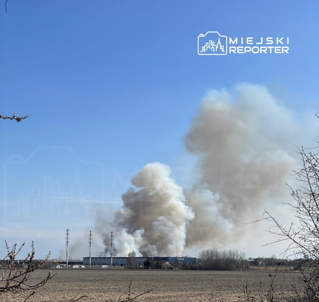 Gęsty dym unoszący się z przemysłowego zakładu na tle błękitnego nieba, w otoczeniu pól.