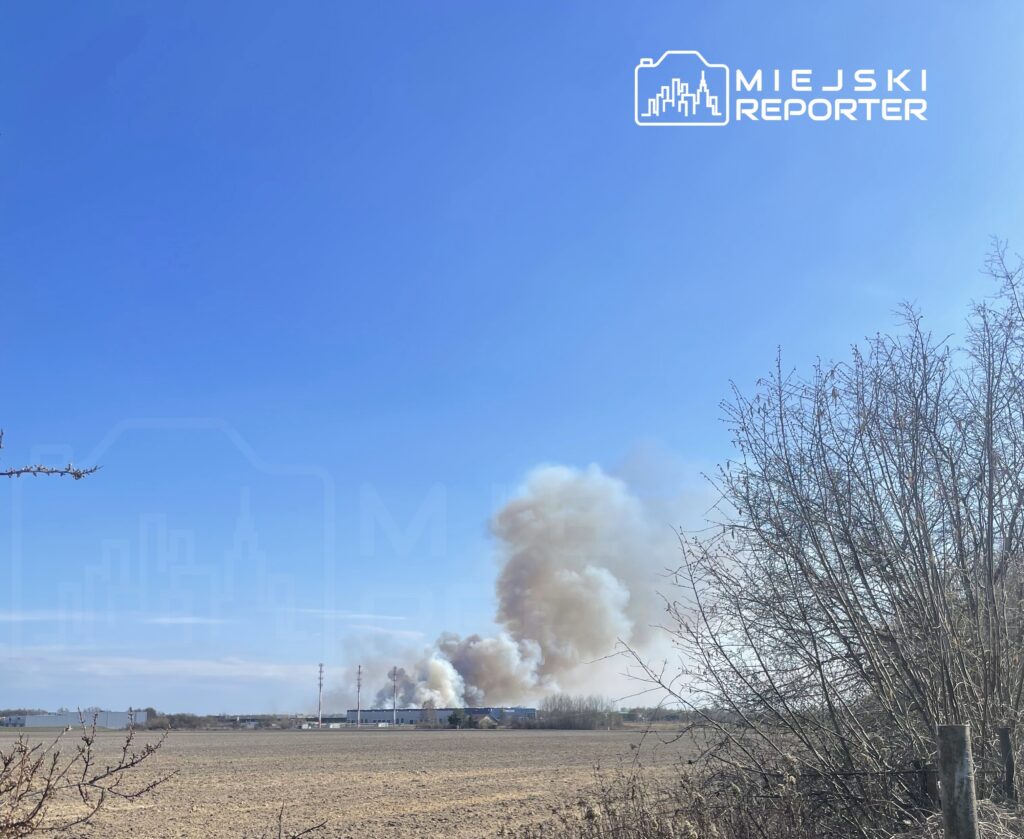 W tle niebieskiego nieba unoszą się kłęby dymu nad przemysłowym terenem, otoczonym polami i drzewami.