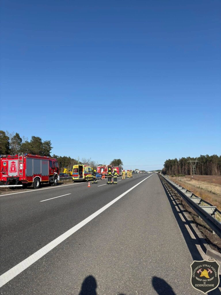 Na autostradzie zespół ratunkowy udziela pomocy poszkodowanym, obok stoją strażacy i pojazdy ratunkowe.