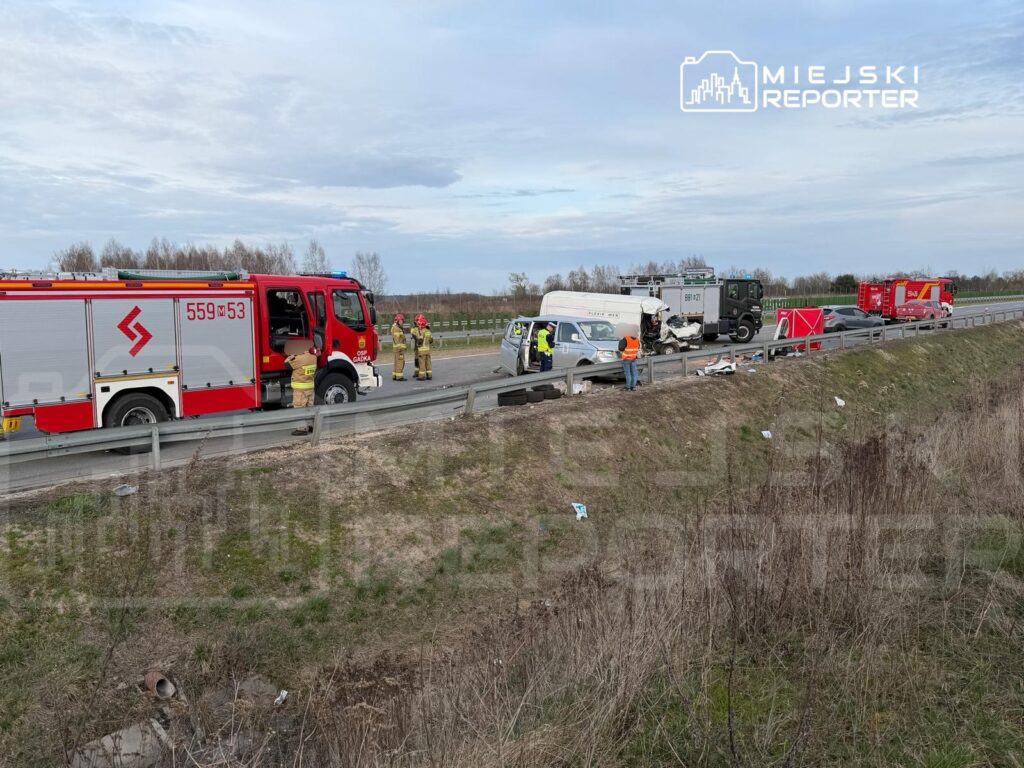 Ratownicy i strażacy pracują na miejscu wypadku drogowego obok uszkodzonego pojazdu na poboczu drogi.