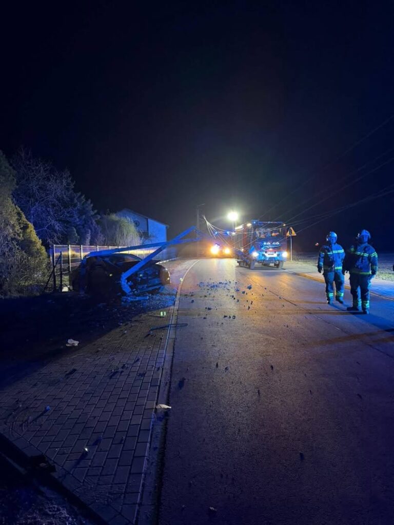 Samochód zniszczony w wyniku wypadku leży na poboczu drogi, obok pracują strażacy i widać policyjny radiowóz.