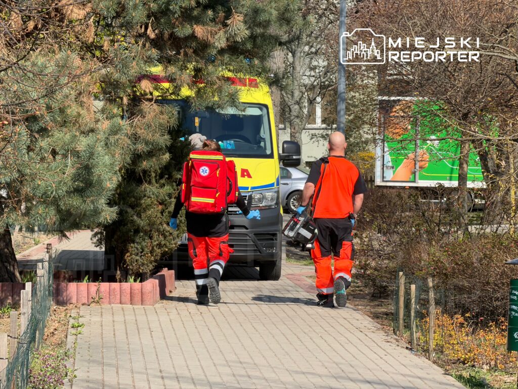 Ratownicy medyczni w odzieży ochronnej idą w kierunku karetki na chodniku otoczonym drzewami.