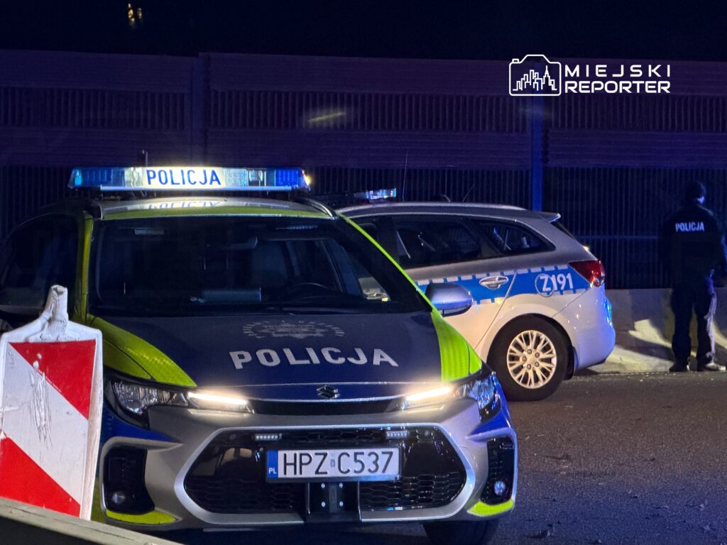 Policyjny radiowóz z włączonymi sygnałami świetlnymi stoi na drodze, obok drugiego radiowozu, w nocy.