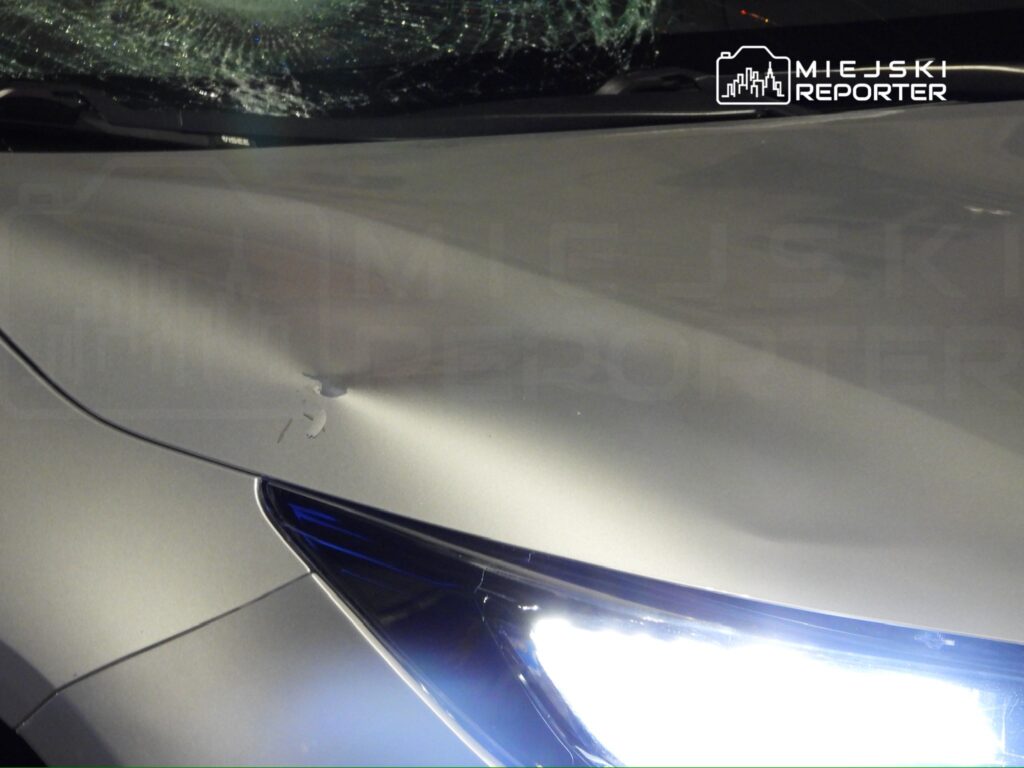 Zarysowany metalowy błotnik srebrnego samochodu z pękniętą szybą przednią.