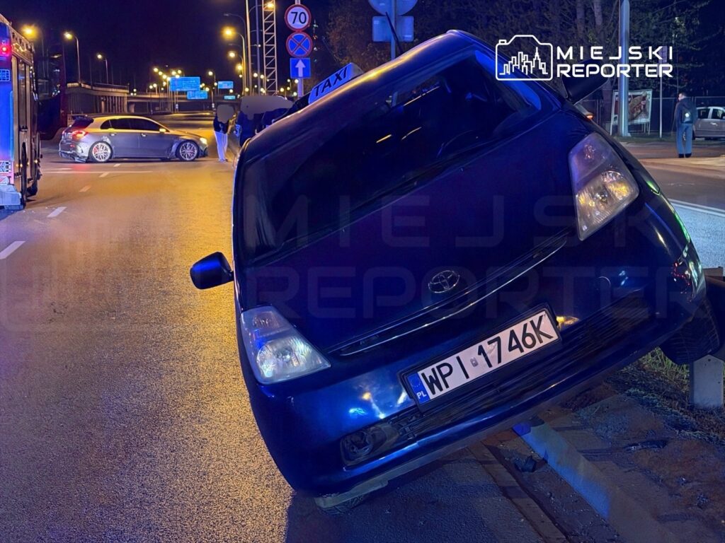 Niebieski samochód osobowy stoi na boku na krawężniku, obok grupy osób i policyjnego radiowozu w tle.