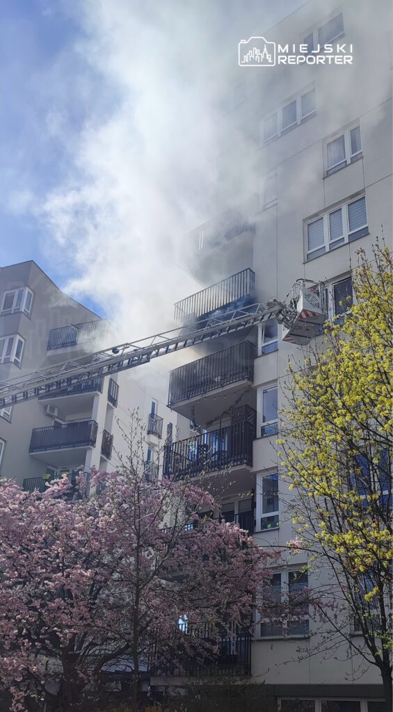 Drużyna strażacka używa drabiny, aby zgasić pożar w mieszkaniu na wyższym piętrze budynku mieszkalnego, w otoczeniu kwitnących drzew.