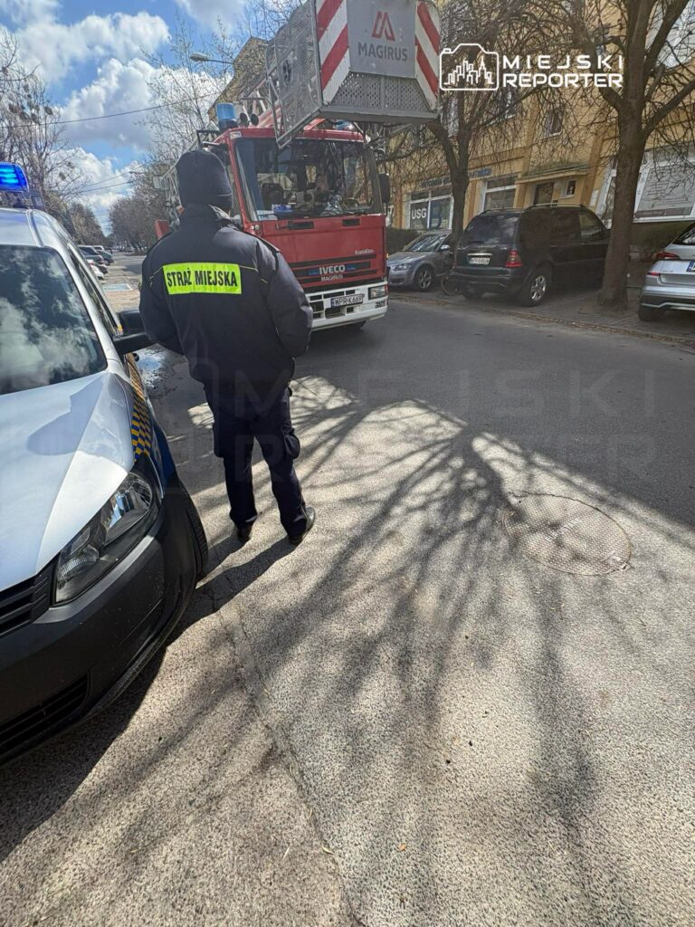 Strażnik miejski obserwujący akcję ratunkową przy czerwonym wozie strażackim na ulicy z parkującymi samochodami.