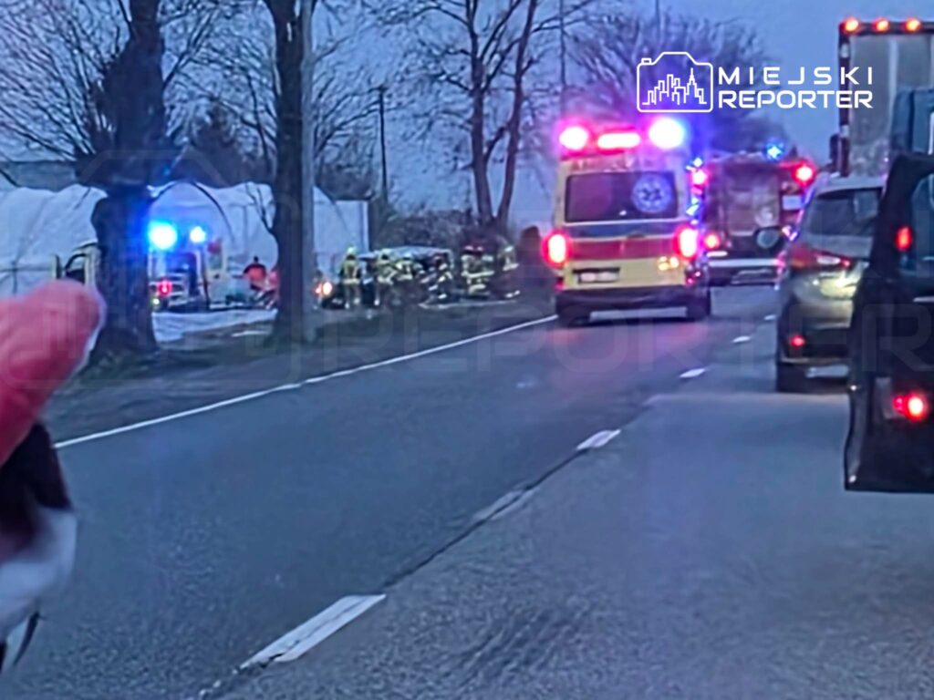 Na drodze widoczne są pojazdy ratunkowe z włączonymi sygnałami świetlnymi oraz grupy strażaków interweniujących w pobliżu zadaszonej przestrzeni.